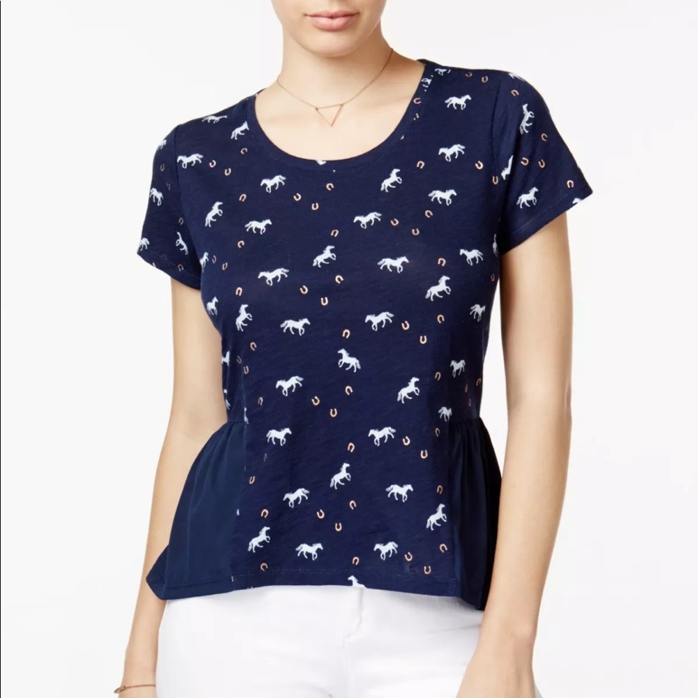 Maison Jules Horse Print Peplum Top Navy Small